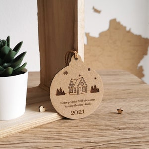Wooden Christmas tree decoration "Our first Christmas at home" - Personalized wooden Christmas ball