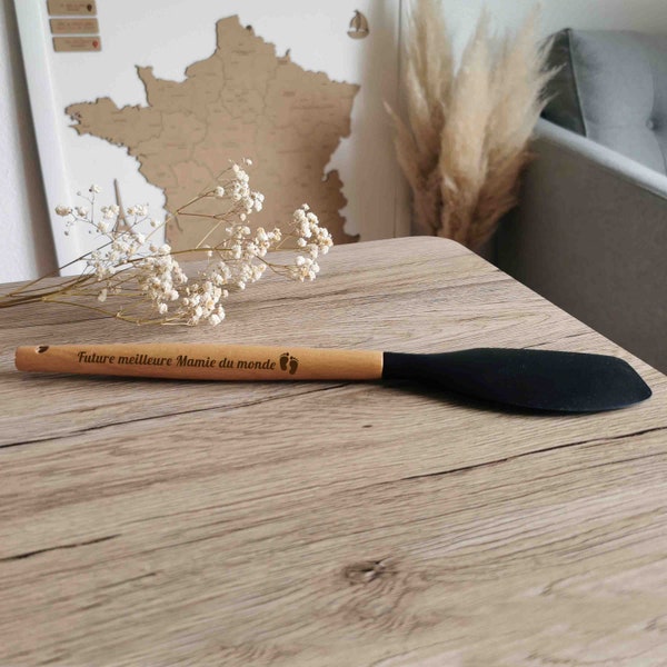 Spatule de cuisine personnalisable en bambou - Spatule personnalisée et gravée en bois et silicone noire - Spatule en silicone maryse