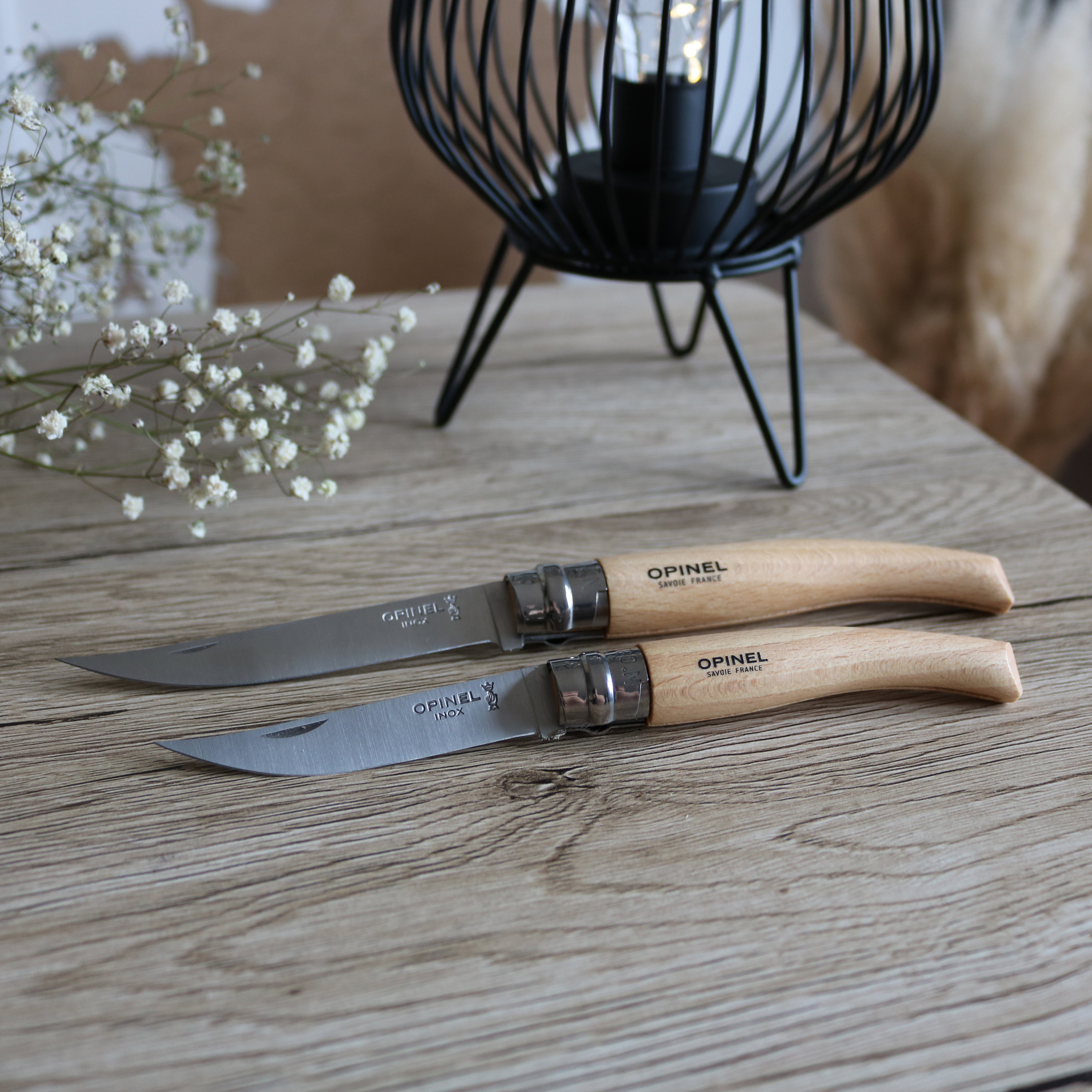 OPINEL n8 and n10 tapered knife in beech with stainless steel blade