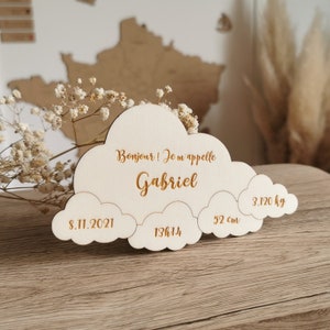Carte annonce de naissance en bois en forme de nuage avec informations de naissance - Divers coloris - cadeau naissance - bébé - déco nuage