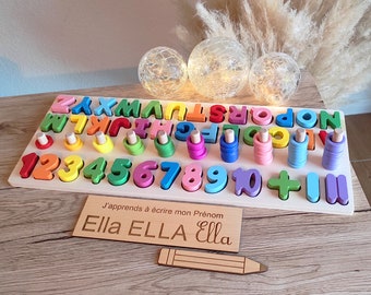 Puzzle alphabet personnalisé pour enfant - Jeux en bois Montessori - Chiffres et lettres en bois personnalisé