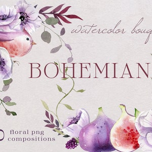 Watercolor floral bouquets png, Boho flowers png, Bohemian bouquets, Watercolor clipart png, Floral compositions, wedding boho decor DIY