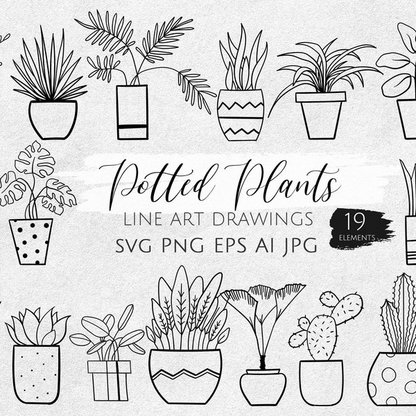 Plant SVG, Hand drawn Potted Plants SVG PNG, Houseplants, Doodle Succulents, bundle svg, Gardening, Silhouette, Line Drawing svg, diy