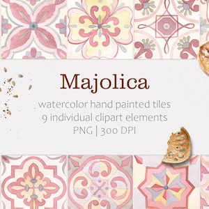 Clipart de carreaux d'aquarelle. Faïence, carreaux marocains, italiens. Carreaux de Talavera. Clipart aquarelle. Motif imprimable peint à la main