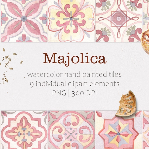 Watercolor Tiles Clipart. Majolica, Moroccan, Italian tiles. Talavera tiles. Watercolor clipart. Printable hand painted pattern