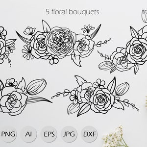 Flowers SVG, Roses SVG, Bouquets SVG, Floral line art, cut files, silhouette flowers, wedding diy, line drawing svg, flowers png, clipart