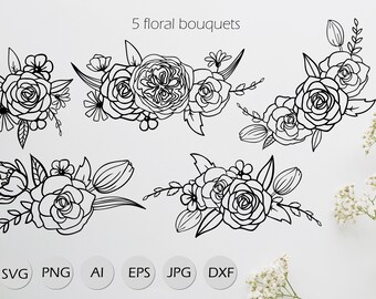 Blumen SVG, Rosen SVG, Blumensträuße SVG, florale Linie Kunst, geschnittene Dateien, Silhouette Blumen, Hochzeit diy, Strichzeichnung svg, Blumen png, Clipart