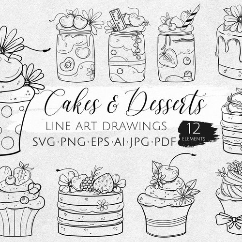 Cakes SVG Clipart Outline Desserts SVG Sweets Line Art Hand - Etsy