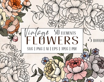 Flowers SVG, Vintage flowers svg, Roses svg, Printable Flowers, Flowers Clip Art, Peony SVG, Line Drawing svg, diy Doodle Flowers, vector