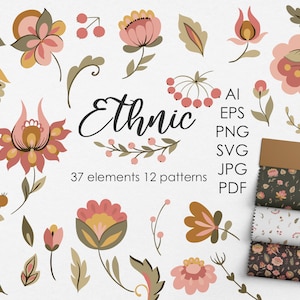 Puede incluir: Un conjunto de 37 elementos florales y 12 patrones en colores rosa, amarillo y marrón. Los elementos incluyen flores, hojas y bayas. Los patrones son sin costuras y se pueden utilizar para varios proyectos de diseño. El texto "Ethnic" está escrito en una fuente decorativa.