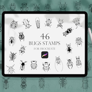 May include: A digital tablet screen displaying 46 black and white bug illustrations labeled "46 Bugs Stamps for Procreate". The tablet is on a green surface with a white stylus next to it.
