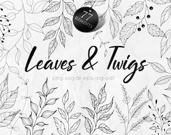 Botanical Leaves and Twigs SVG Bundle, Wildflowers SVG, Botanical Clipart, Hand drawn line art leaves, Commercial Use