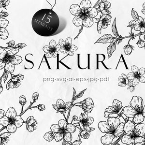 Sakura SVG - Arte em linha de flores SVG - SVG floral - Flores de cerejeira svg - Clipart de flores de casamento - Botânica svg - Arte em linha de flores Clipart floral