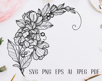 May include: Black and white line art illustration of a floral arrangement with peonies and leaves. The flowers are arranged in a curved shape, with the stems extending to the right. The illustration is on a white background.