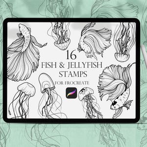 Sea life Procreate Stamps, Fishes brushes procreate, Jellyfish Stamps, Procreate Brushset, Line art koi Procreate, Fishes Stamps,