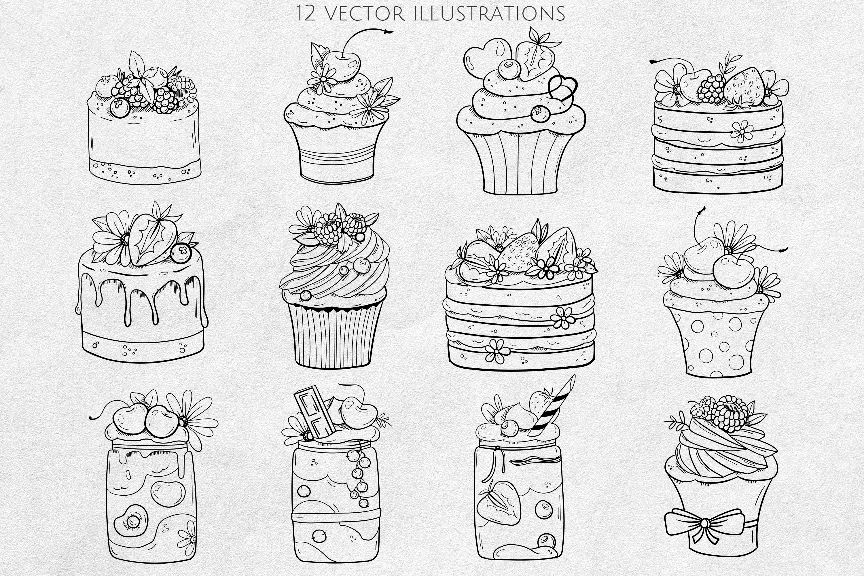 Cakes SVG clipart outline Desserts SVG Sweets line art Hand Etsy