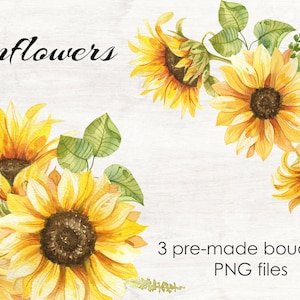 Clipart aquarelle de bouquet de tournesol, composition de tournesols PNG, décor de mariage rustique, clipart de tournesols, png de fleurs