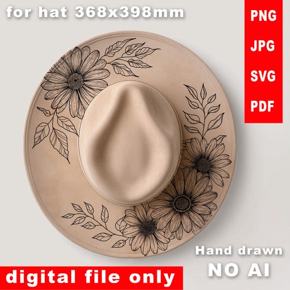Floral Hat Burning Design SVG | Hand-Drawn Pyrography Daisy Sunflowers Pattern for Hats | Daisy Hat Laser Engraving Stencil