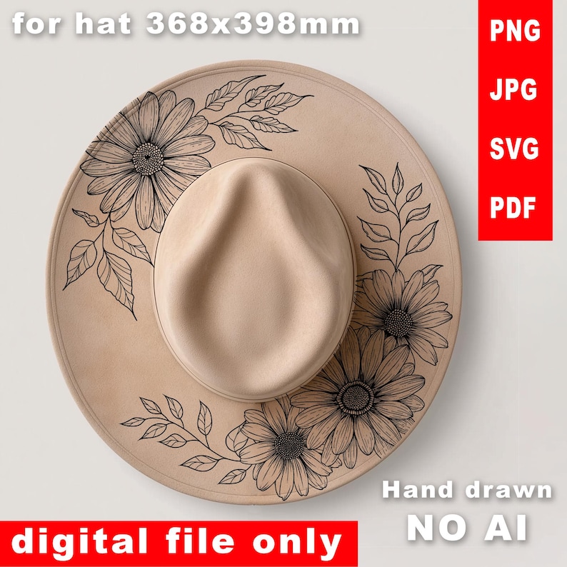 Pode incluir: Um chap&eacute;u fedora bege com aba larga, adornado com um design floral preto. O chap&eacute;u apresenta uma prega central e uma coroa arredondada. As palavras "digital file only" s&atilde;o exibidas na parte inferior. As dimens&otilde;es do chap&eacute;u s&atilde;o 368x398mm.
