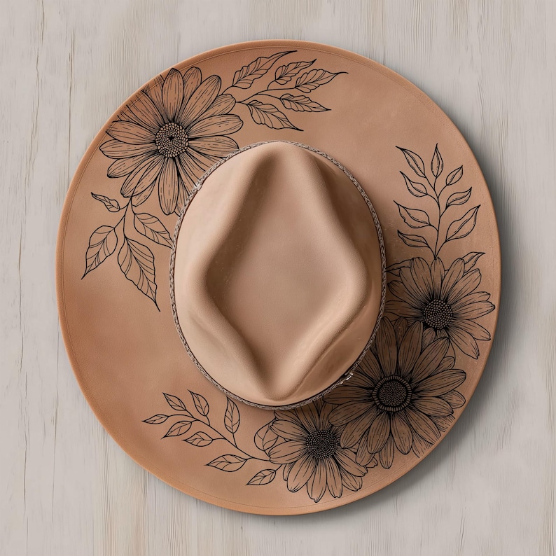 Floral Hat Burning Design SVG | Hand-drawn Pyrography Daisy Sunflowers ...