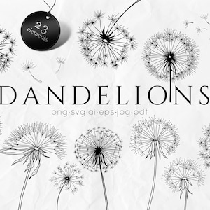 Dientes de león SVG - Paquete de arte lineal de flores SVG - Arte lineal botánico - Clipart floral minimalista - Ilustraciones de contornos de flores silvestres