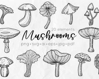 Mushroom svg, Mushrooms SVG Bundle, Fall svg, Mushrooms clipart, Forrest svg, Fungus SVG, line art svg, uso comercial, svg dibujado a mano