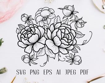 Kwiatowy svg Bukiet róż svg Kwiaty svg Kwiatowy monogram Sublimacja róż Piwonia svg Róża Cricut projekt svg Rozkwit svg Grafika liniowa