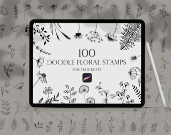 May include: A digital tablet shows "100 Doodle Floral Stamps for Procreate" with a Procreate app icon. The screen is framed by black and white floral doodles. A white stylus lies on the surface, with additional floral illustrations around.
