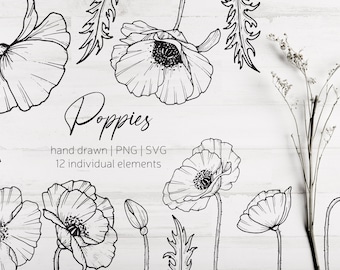 Flowers SVG, Hand drawn Poppy flowers PNG, Printable Flowers, Doodle Flowers, Flowers Clip Art, Poppies SVG, Line Drawing svg, diy