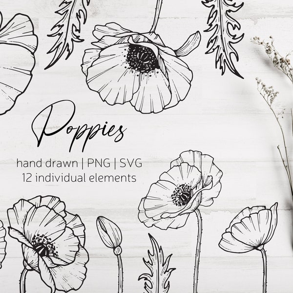 Flowers SVG, Hand drawn Poppy flowers PNG, Printable Flowers, Doodle Flowers, Flowers Clip Art, Poppies SVG, Line Drawing svg, diy