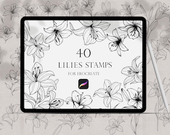 Carimbos de lírios Procreate, pincéis de lírios Procreate, carimbos de flores, conjunto de pincéis Procreate, arte de linha floral Procreate, carimbos botânicos,