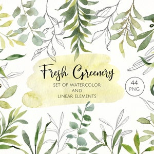 Watercolor Clipart Greenery. Leaves Watercolor. Digital Watercolor Clipart. Wedding Greenery. Leaves PNG. DIY Floral Watercolor. Eucalyptus