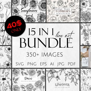 Bundle fleurs dessin au trait svg, png svg tournesols, pivoines svg, svg coquelicot, fleurs sauvages clipart, fleurs linéaires, bundle svg, clipart botanique