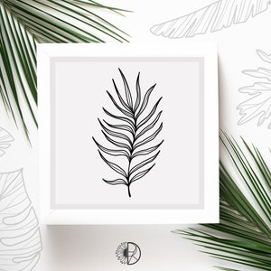Puede incluir: Un dibujo en blanco y negro de una hoja de palmera dentro de un marco blanco. El marco est&aacute; sobre un fondo blanco con hojas de palmera verdes a cada lado.