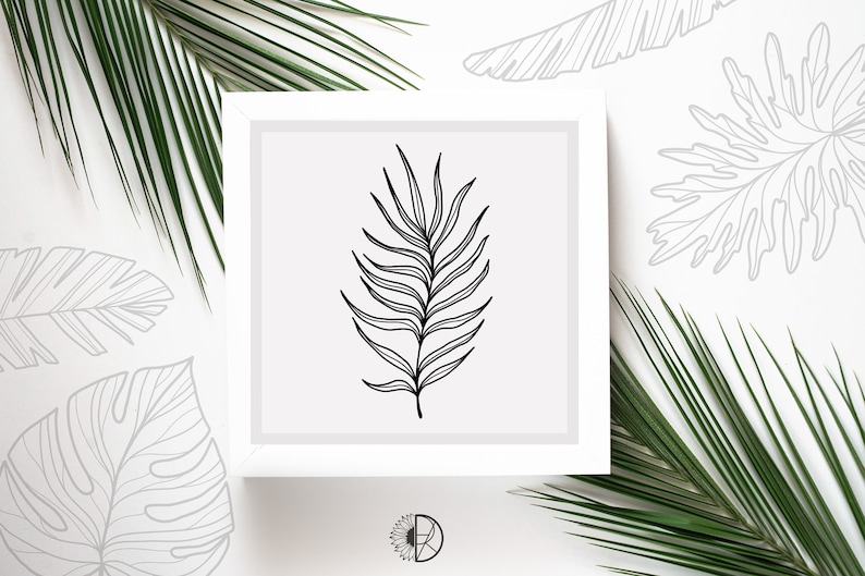 Puede incluir: Un dibujo en blanco y negro de una hoja de palmera dentro de un marco blanco. El marco est&aacute; sobre un fondo blanco con hojas de palmera verdes a cada lado.