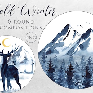 Watercolor Mountains and Pine Trees Round Compositions PNG, Woodland Clipart, Winter Forest PNG, Deer, Landscape Fog watercolor