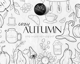 Herbst Line Art Doodle Illustrationen Bundle | Herbst Clipart SVG | Minimalistische Herbst Dekoration | Kürbisse, Blätter, Herbst Kunst | Herbst SVG