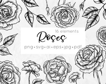 Roses SVG, PNG Roses Clipart, Printable flowers svg, Silhouette sunflower, Floral svg, floral png, Botanical line art, DIY, Outline floral