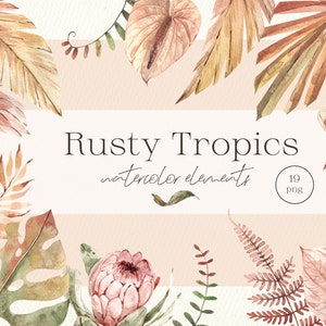 Aquarell tropische Blätter und Blumen. Digitale ClipArt. Individuelle PNG. Moderne exotische florale Elemente. Dschungel. Pastellfarben. Monstera