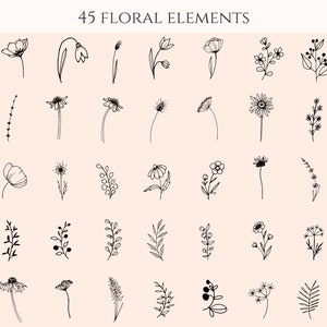 Puede incluir: Un conjunto de 45 dibujos en blanco y negro de varios elementos florales, incluyendo flores, hojas y tallos. Los dibujos son simples y elegantes, y serían perfectos para usar en una variedad de proyectos creativos.