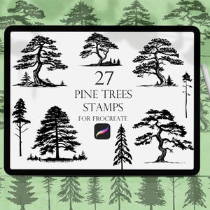 Puede incluir: Una ilustración digital de 27 sellos de pinos en blanco y negro para Procreate. Los sellos están dispuestos en una cuadrícula sobre un fondo blanco. El texto "27 Pine Trees Stamps for Procreate" se muestra en la parte superior de la cuadrícula.