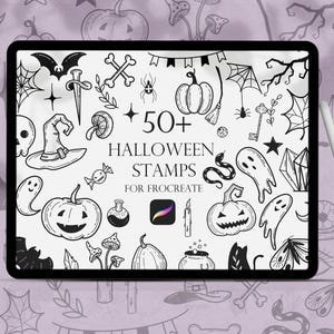 May include: A digital tablet screen displaying a collection of 50+ Halloween themed stamps for Procreate. The stamps feature various spooky and cute designs, including ghosts, pumpkins, bats, spiders, and more.