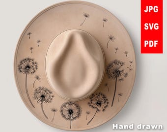Dandelions Hat Burning Design SVG | Hand-Drawn Pyrography Floral Pattern for Hats | Hat Laser Engraving Stencil