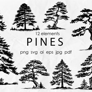 Pini SVG, Silhouette di alberi in formato SVG, Albero in formato SVG, Arte della linea dell'albero di pino, Clipart di pino, Silhouette di pino