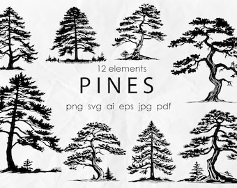 Pines SVG, Trees silhouette svg, Tree svg, Pine tree line art, Pine clipart, Pine silhouette