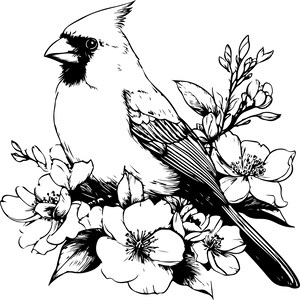 Puede incluir: Ilustraci&oacute;n en blanco y negro de un cardenal posado entre flores florecientes. El ave, con su cresta y pico distintivos, es el punto focal, rodeado de elementos florales detallados. Es un dibujo lineal detallado.