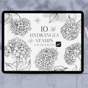 Könnte beinhalten: Ein digitaler Tablet-Bildschirm zeigt eine Reihe von 10 Schwarzweiß-Illustrationen von Hortensienblüten. Der Text "10 Hydrangea Stamps for Procreate" wird auf dem Bildschirm angezeigt.
