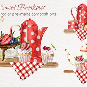 May include: Watercolor illustrations of a red teapot, a red teacup, a cake with chocolate frosting and berries, and cupcakes with white frosting and cherries, all on a wooden shelf with a red and white checkered napkin. The text "Sweet Breakfast" is written above the image.