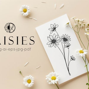 May include: A black and white line drawing of a bouquet of daisies on a white card. The card is on a light brown background with white daisies scattered around it.
