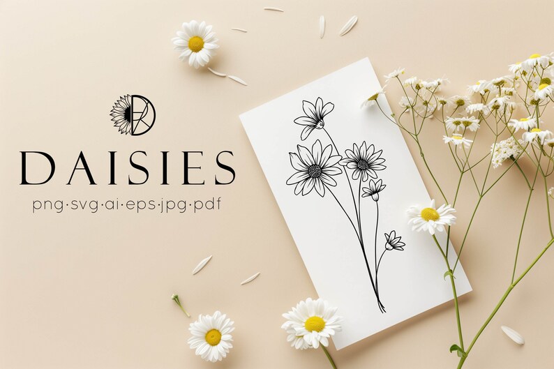 May include: A black and white line drawing of a bouquet of daisies on a white card. The card is on a light brown background with white daisies scattered around it.